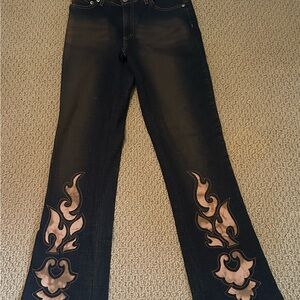 Makers USA dark denim flare Jeans with Tan Detailing